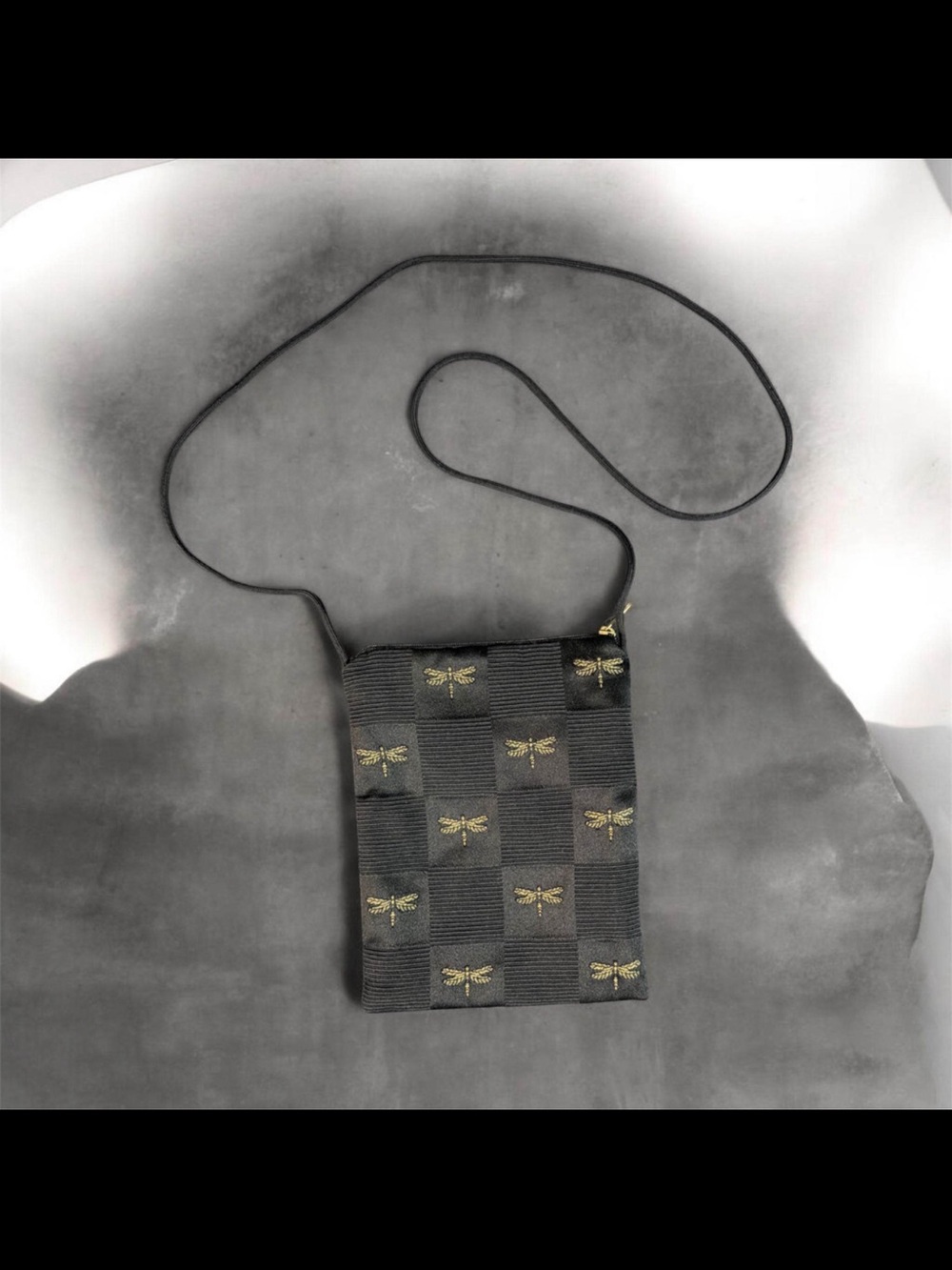 Black Crossbody Bag with Gold Dragonfly Motif